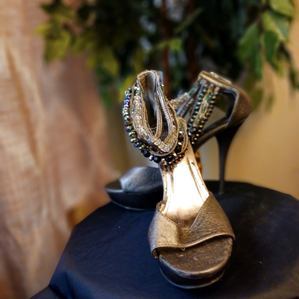 Silver heels with jeweled bead ankle strap